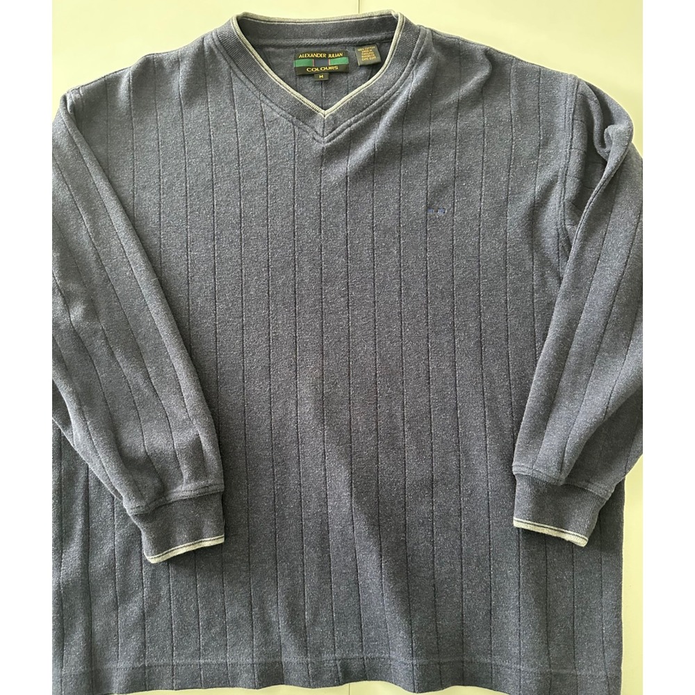 Alexander Julian Colours Mens Navy Blue Ribbed V-Neck Cotton Pullover Sweater M